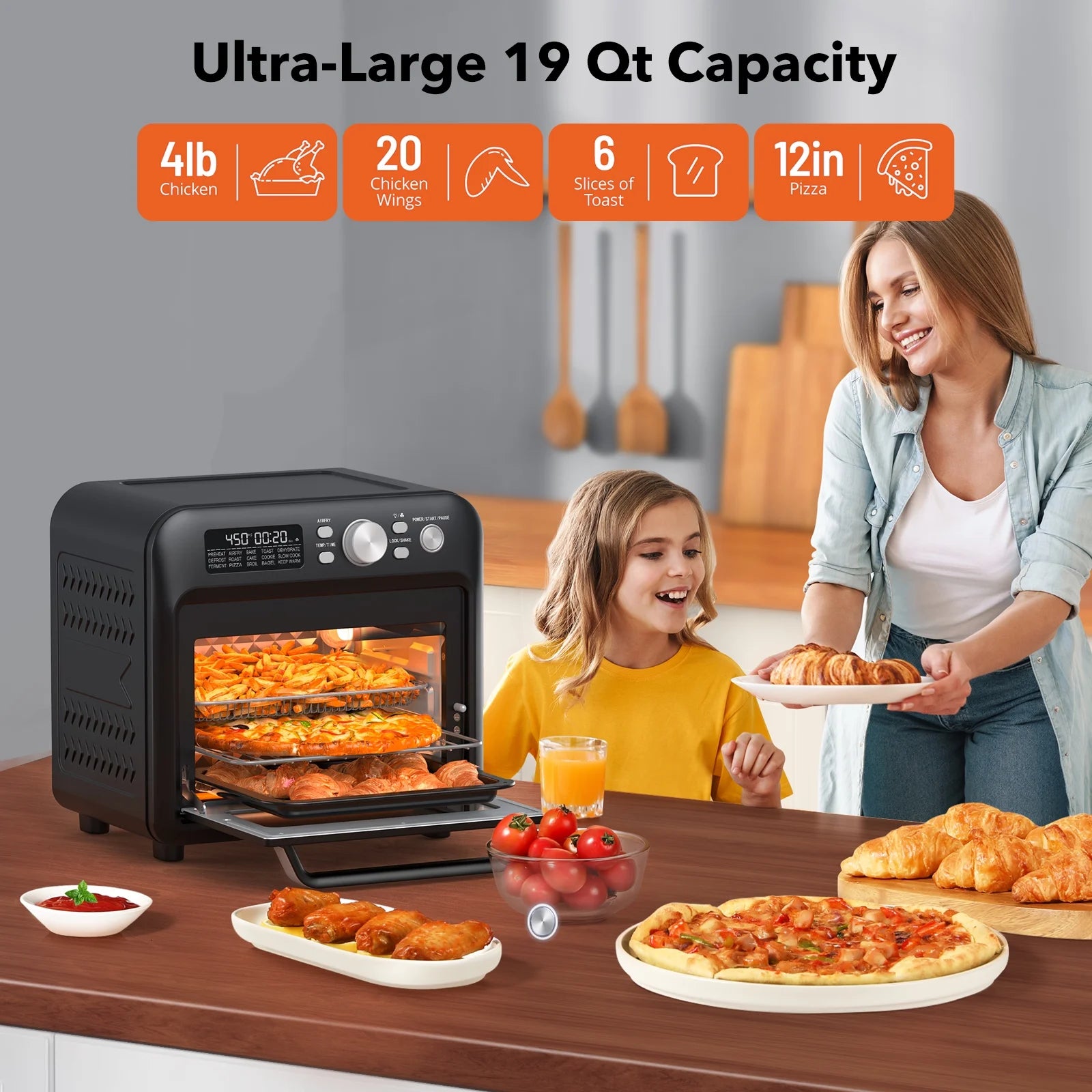 Air Fryer Oven, 19 QT Family-Sized Toaster Oven, Convection Oven with Child Lock, Fits 12-inch Pizza, Dishwasher Safe Z846540