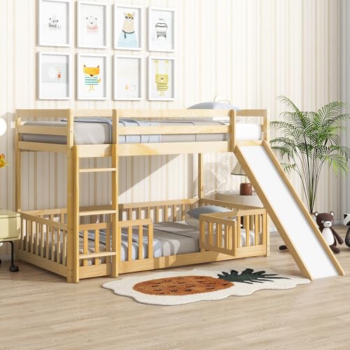 Twin Over Full Size Wooden Bunk Bed with Slide and Storage Stairs N394