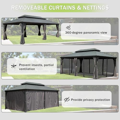 10 x 10 ft Hardtop Gazebo with Netting and Curtains, Galvanized Steel Roof for Patio K80436