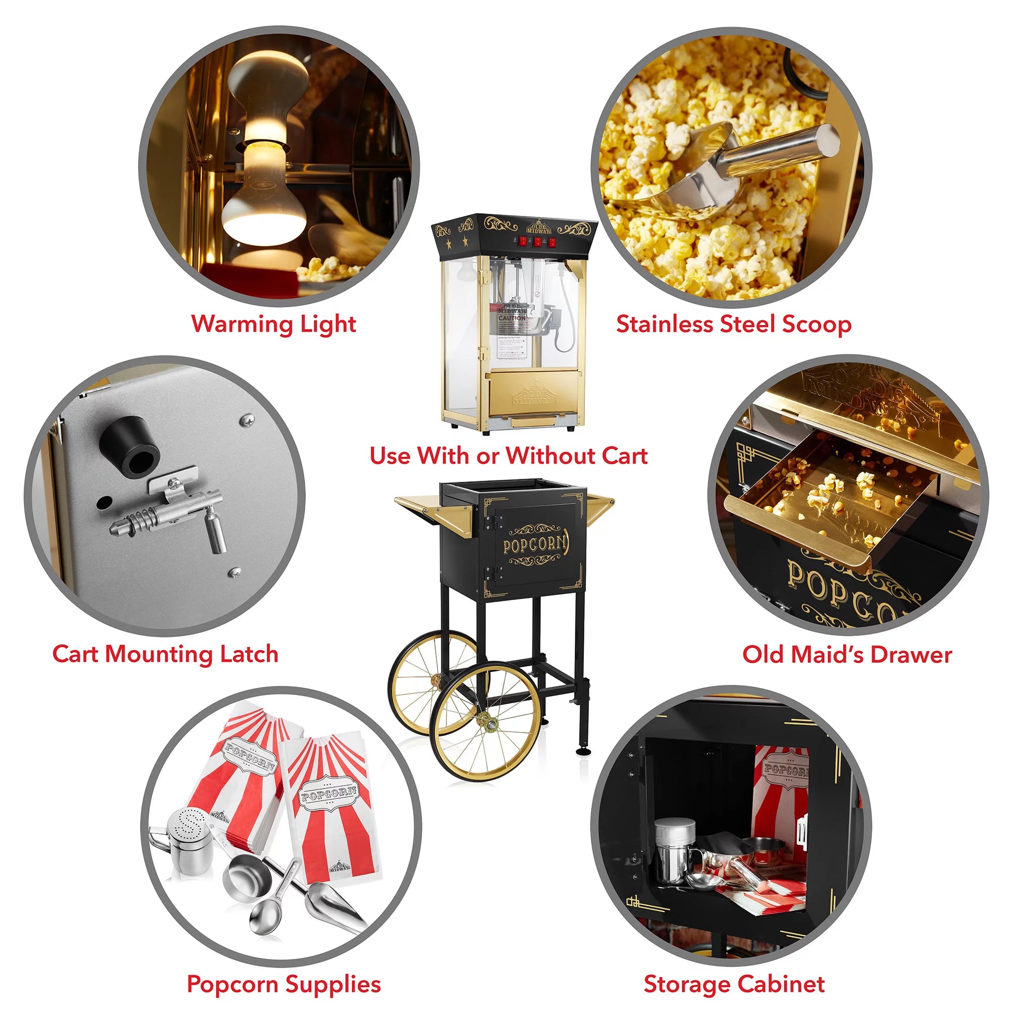 Movie Theater-Style Popcorn Machine with Cart and 8 oz Kettle, Black L2429