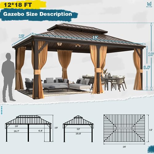 10x13 Hardtop Gazebo with Polycarbonate Double Roof, Aluminum Frame, Curtains and Netting S2701
