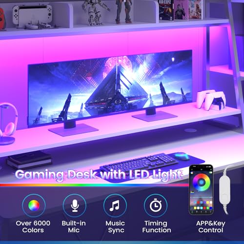Gaming Desk with LED Lights, Hutch and Storage Shelves, Black O742