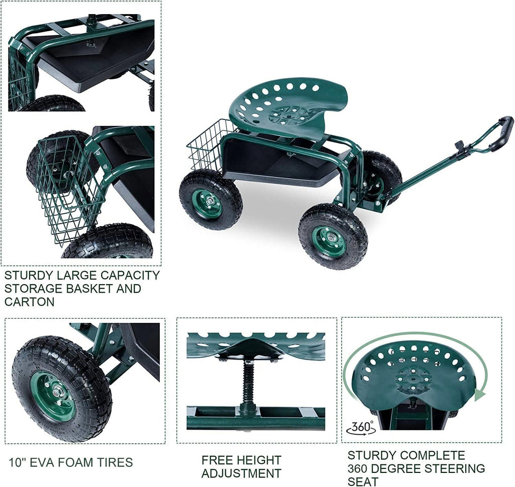 Rolling Garden Stool Cart with Tool Tray and Storage Basket N712