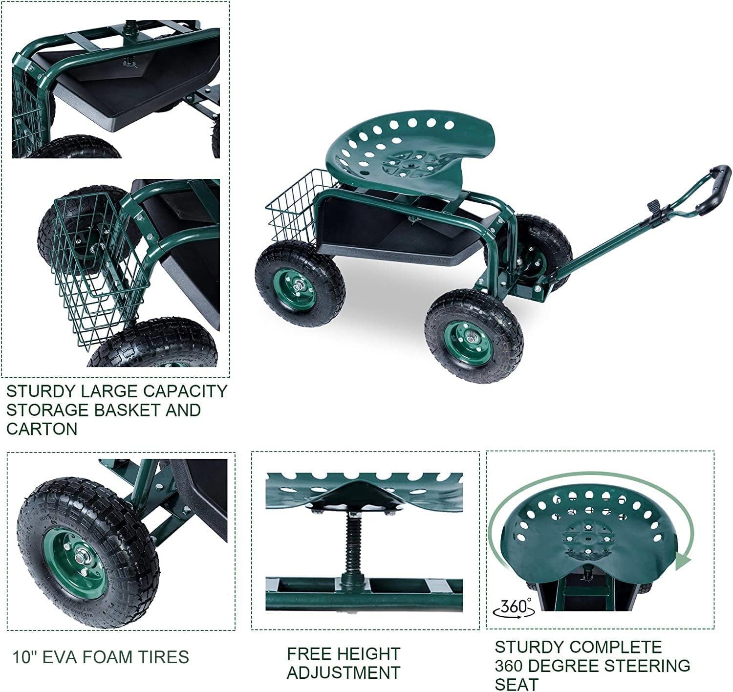 Rolling Garden Stool Cart with Tool Tray and Storage Basket N712