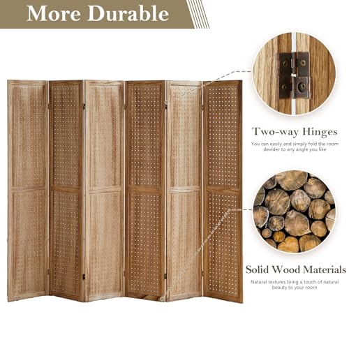 Wooden Pegboard Room Divider with Folding Privacy Screen, 5.6Ft, Light Brown D937870