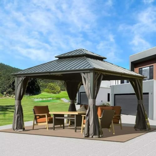 10 x 10 ft Hardtop Gazebo with Netting and Curtains, Galvanized Steel Roof for Patio K80436