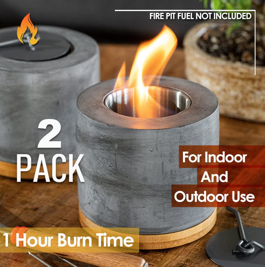Concrete Tabletop Fire Pit with Bamboo Base and Roasting Forks A8178