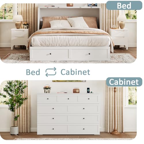Murphy Bed with Storage & Charging Station, Foldable Panel, Distressed White C449393