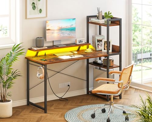 Reversible Gaming Desk with USB Charging Port and LED Lights, 40 Inch Computer Desk with Storage Shelves M571