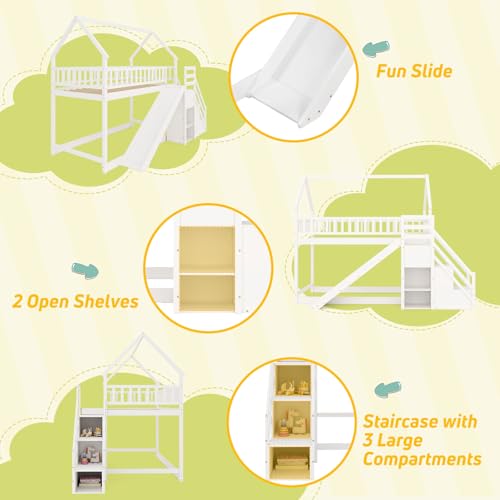 Twin Over Twin Bunk Bed with Slide & Stairs, Wood, White M692