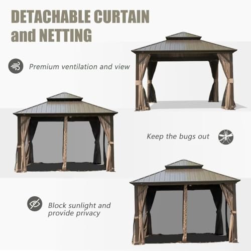 10 x 10 ft Hardtop Gazebo with Netting and Curtains, Galvanized Steel Roof for Patio K80436
