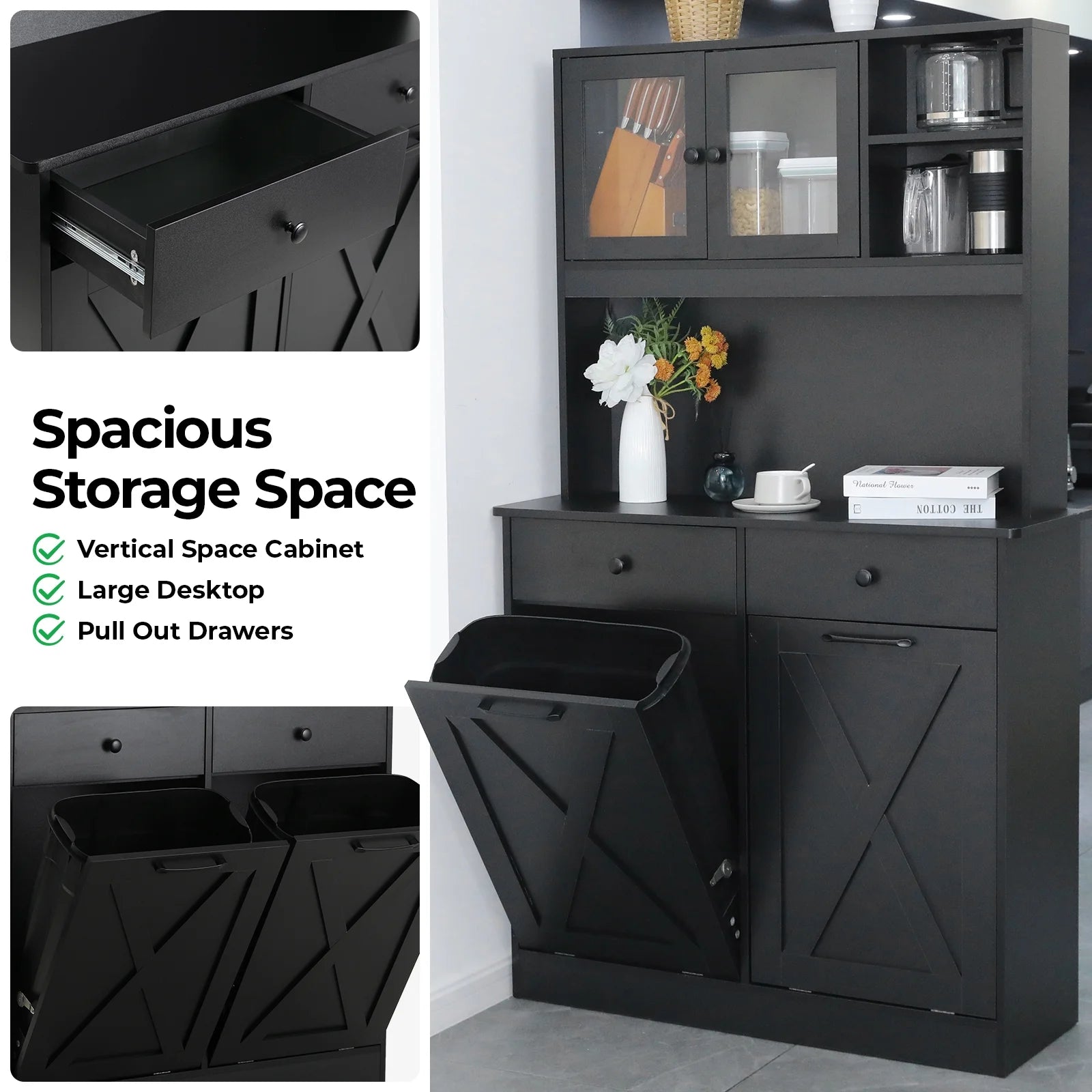 Kitchen Pantry Storage Cabinet with Double Tilt Out Trash Bin Holder R378