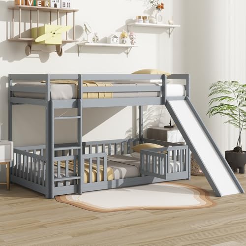 Twin Over Full Size Wooden Bunk Bed with Slide and Storage Stairs N394
