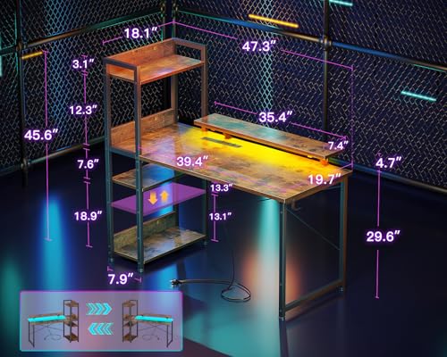 Reversible Gaming Desk with USB Charging Port and LED Lights, 40 Inch Computer Desk with Storage Shelves M571