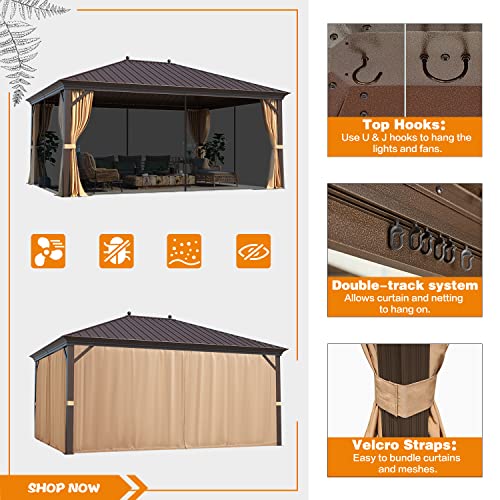 12x16 ft Hardtop Gazebo with Double Roof, Curtains and Netting T94173