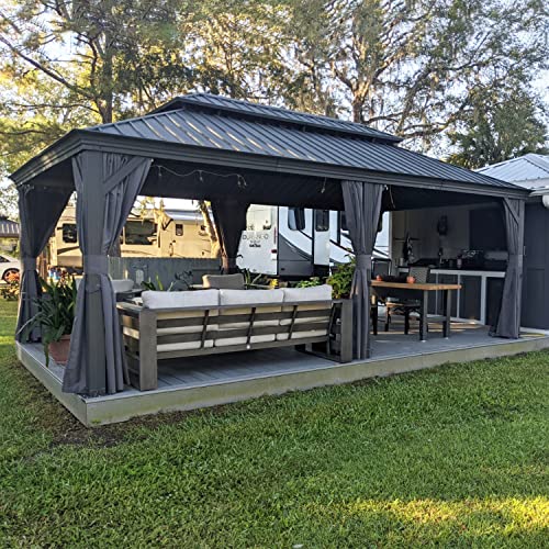 10' x 14' Permanent Hardtop Gazebo with Galvanized Steel Double Roof, Curtains and Netting Included M871