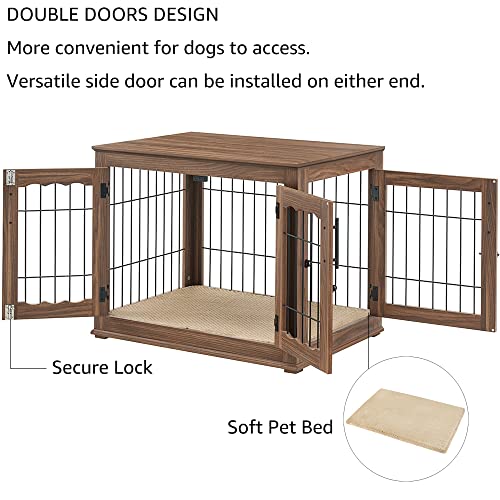Wooden Dog Crate End Table with Double Doors and Pet Bed E595686