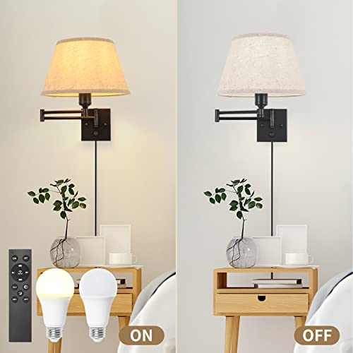 Wall Sconces Plug in, Remote Control Dimmable, Swing Arm Wall Lights with Fabric Shade, 2 Pack R441114