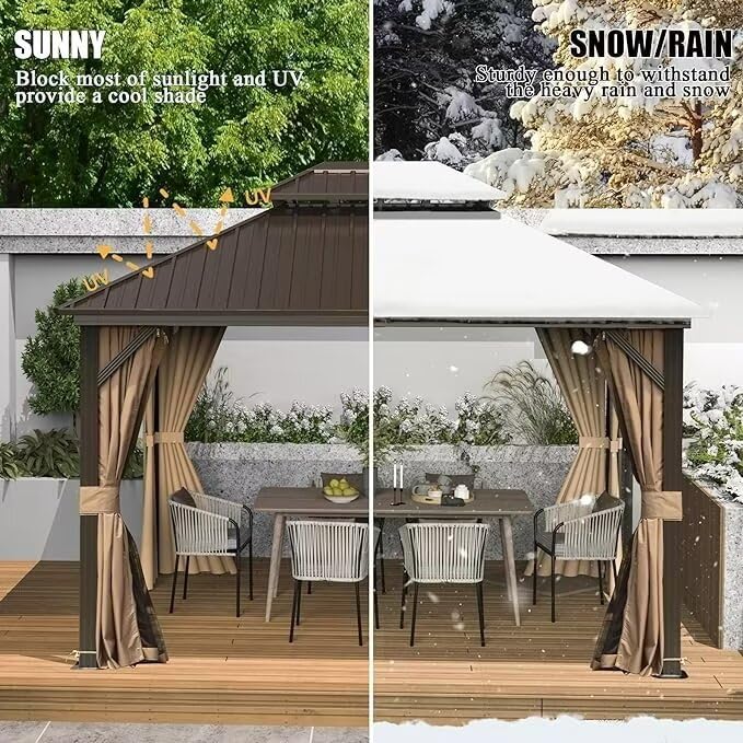 10 x 10 ft Hardtop Gazebo with Netting and Curtains, Galvanized Steel Roof for Patio K80436