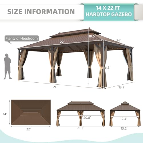 12x16 ft Hardtop Gazebo with Double Roof, Curtains and Netting T94173
