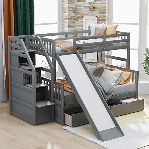 Twin Over Full Bunk Bed with Slide and Stairs for Kids I642