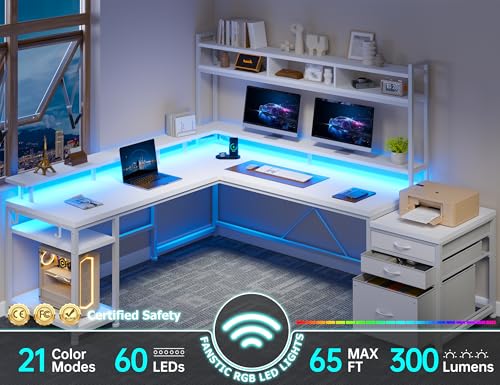 Large L Shaped Gaming Desk with Hutch and Drawers, 64" Reversible Computer Desk with Storage Shelves, Monitor Stand and LED Light for Home Office, Power Outlets, White V6783