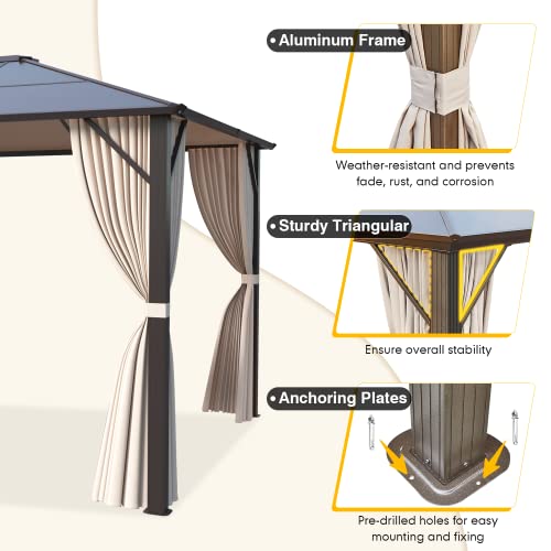 10x13 Hardtop Gazebo with Polycarbonate Double Roof, Aluminum Frame, Curtains and Netting S2701