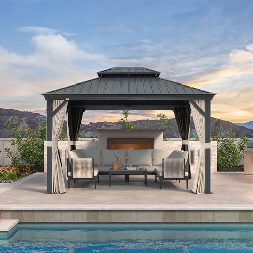 10' x 14' Permanent Hardtop Gazebo with Galvanized Steel Double Roof, Curtains and Netting Included M871