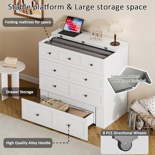 Murphy Bed with Storage & Charging Station, Foldable Panel, Distressed White C449393