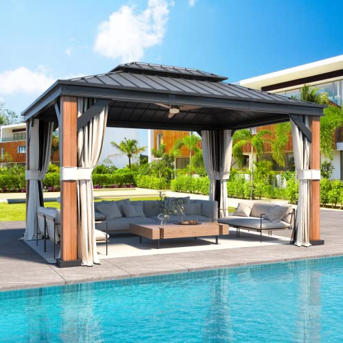 12x20 ft Hardtop Gazebo Double Roof Galvanized Steel Canopy Outdoor Aluminum Frame with Netting and Curtains X191579