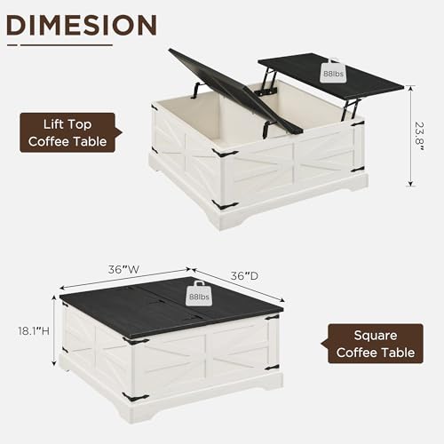 Farmhouse Lift Top Coffee Table with Storage, 36" Wood Square Center Table, Light Brown V399