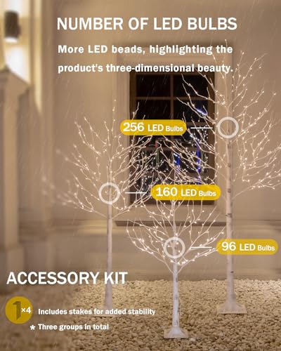 Lighted Birch Tree Set 4ft, 6ft and 8ft with Warm White LED Lights for Holiday Decor Y74695