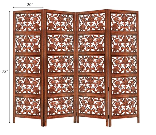 4 Panel Folding Wood Room Divider, Antique Brown, 72 x 80 P209