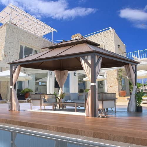 12x16 ft Hardtop Gazebo with Double Roof, Curtains and Netting T94173