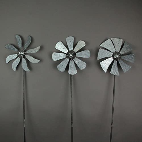 Set of 3 Galvanized Grey Windmill Wind Spinner Garden Stakes, 41 Inches High R6069