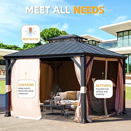 12x20 ft Hardtop Gazebo Double Roof Galvanized Steel Canopy Outdoor Aluminum Frame with Netting and Curtains X191579