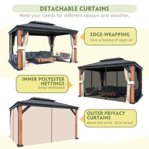 12x20 ft Hardtop Gazebo Double Roof Galvanized Steel Canopy Outdoor Aluminum Frame with Netting and Curtains X191579