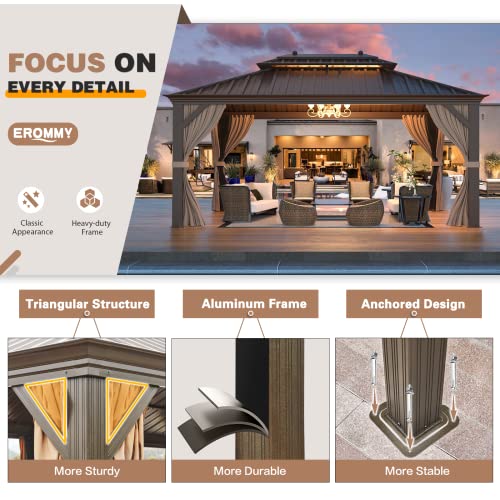 12x20 ft Hardtop Gazebo Double Roof Galvanized Steel Canopy Outdoor Aluminum Frame with Netting and Curtains X191579