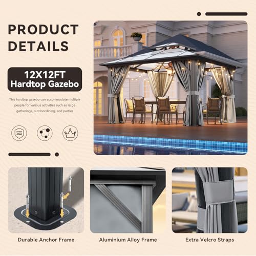 12x16 Hardtop Gazebo with Netting and Curtains for Patio K27275