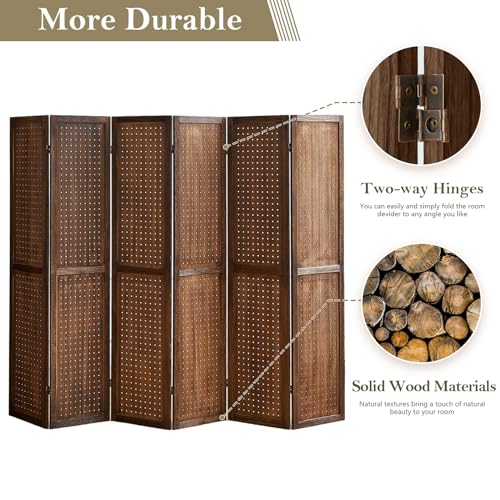 Wooden Pegboard Room Divider with Folding Privacy Screen, 5.6Ft, Light Brown D937870