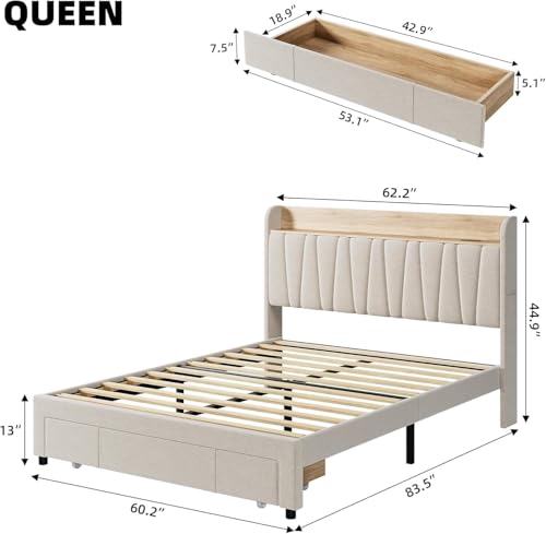 Queen Size Bed Frame with Storage Headboard and Drawers, Beige D3599