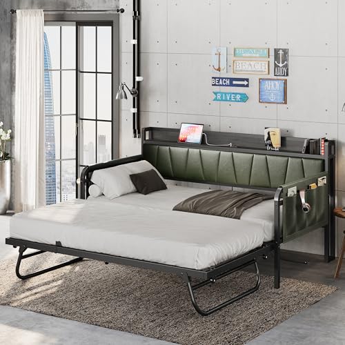 Daybed with Trundle Bed, Twin Bed Frame with Storage Headboard and Charging Station, Grey S3738