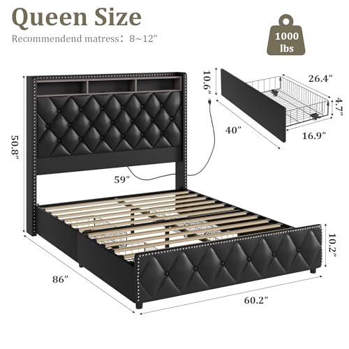 Queen Bed Frame with Tall Headboard, Velvet Upholstered, 4 Storage Drawers Y5950