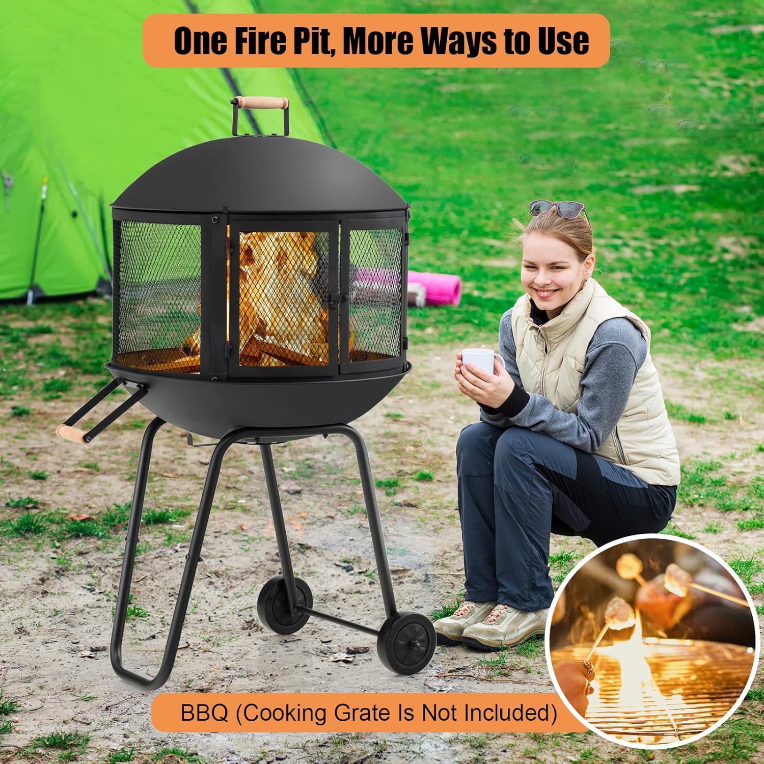 Portable Fire Pit with Wheels, 28 Inch Wood Burning, Black K9455