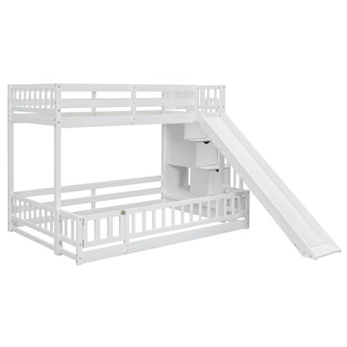 Twin Over Full Size Wooden Bunk Bed with Slide and Storage Stairs N394