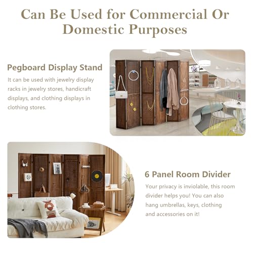 Wooden Pegboard Room Divider with Folding Privacy Screen, 5.6Ft, Light Brown D937870
