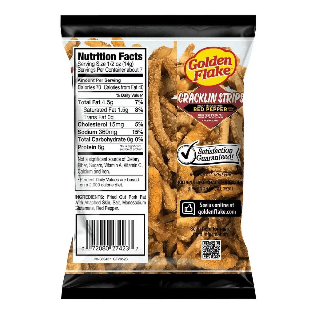 Fried Pork Cracklin Strips Mildly Seasoned with Red Pepper, 3.5 oz. Bags (3 Bags) Z11026