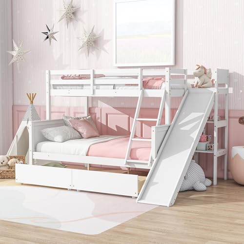 Twin Over Full Size Wooden Bunk Bed with Slide and Storage Stairs N394