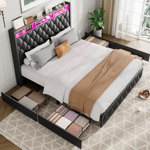 Queen Bed Frame with Tall Headboard, Velvet Upholstered, 4 Storage Drawers Y5950