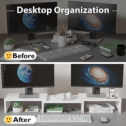 Dual Monitor Stand Riser with Smartphone Holder, Adjustable Wooden Desk Organizer B984